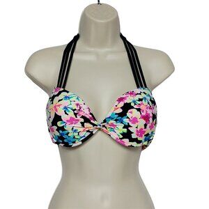 California Waves Halter Bikini Swimsuit Top Med Multicolor Floral Padded Twist